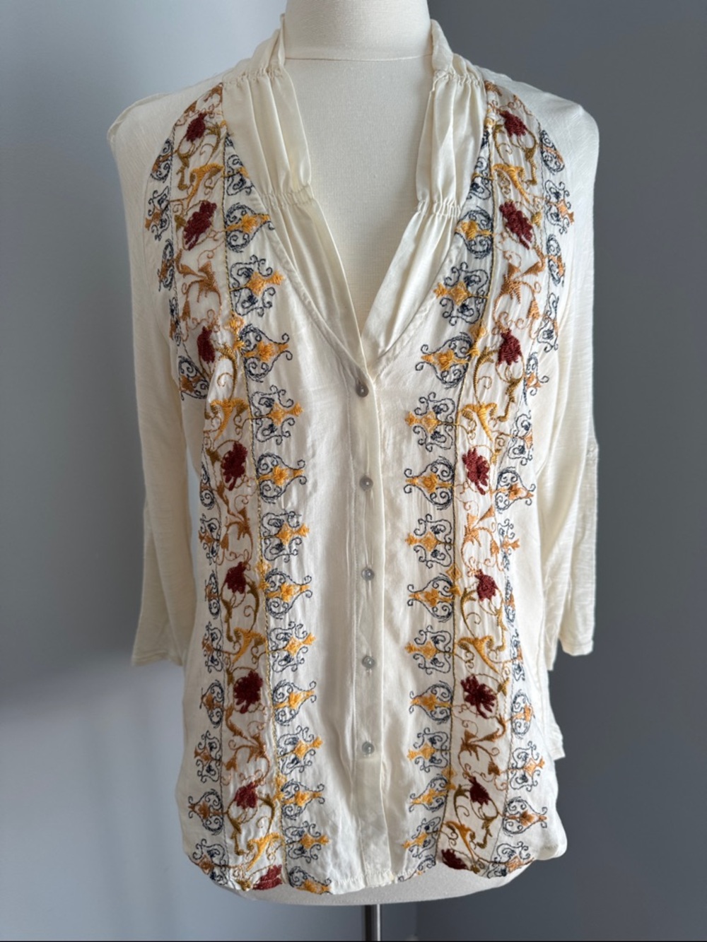 TINY by Anthropologie Embroidered Silk Blend Blouse - Ivory, Size L - Picture 2 of 8